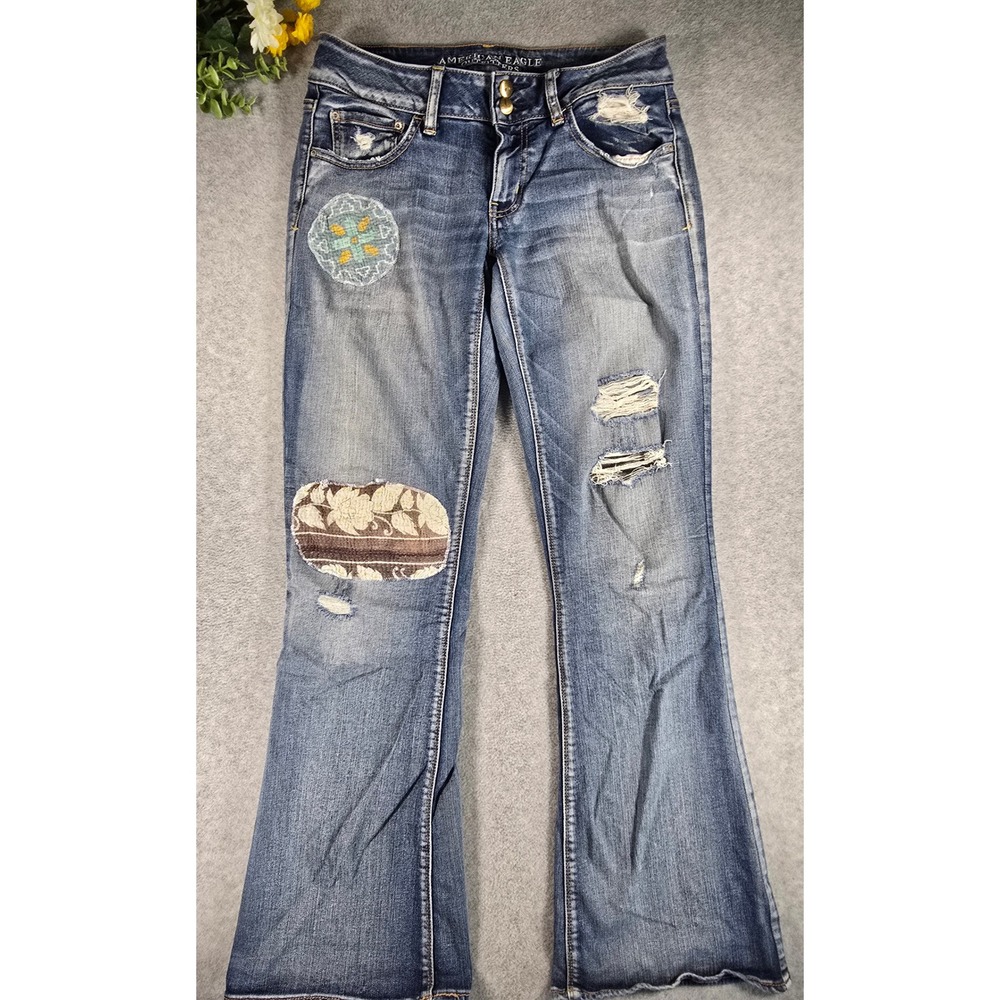 American Eagle Artist Flare Jeans Womens 8 30x31 Boho Patchwork Distressed Denim